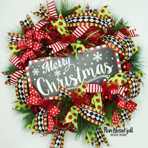 Deco Mesh Christmas Wreath for Front Door, Merry Christmas Wreath, Front Door Christmas Wreath, Lime Green and Red Wreath, Merry Christmas