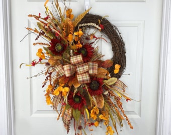 Elegant Fall Grapvine Wreath with Sunflowers for Front Door, Autumn Door Wreath No Sign, Thanksgiving Wreath