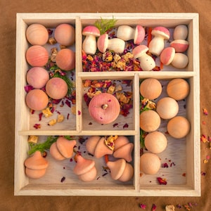 May include: A wooden tray filled with various wooden toys, including mushrooms with pink caps, acorns, and round balls. The tray is divided into compartments and decorated with dried flowers and greenery.