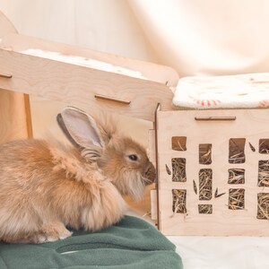 May include: A brown rabbit with long fur is sitting next to a wooden rabbit hutch with a hay feeder. The hutch has a white fleece lining and a wooden door.