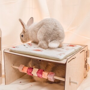 May include: Two rabbits in a wooden playpen. One rabbit is on a platform with a soft, floral-patterned pad. The other rabbit is in the lower level of the playpen, chewing on a wooden toy with colorful beads.