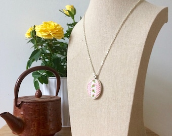 Cross-Stitched Pendant Necklace - Vintage Pink Roses - Handmade