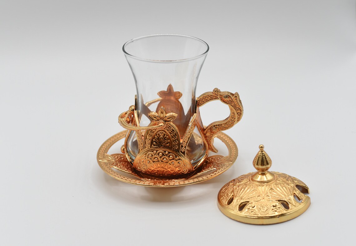 Premium Gold Turkish Tea Cups With Tops Treat Bowls and Tray Etsy