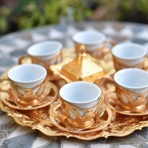Gold Türkisches Kaffeetassen-Set für Sechs (6) mit Tablett!