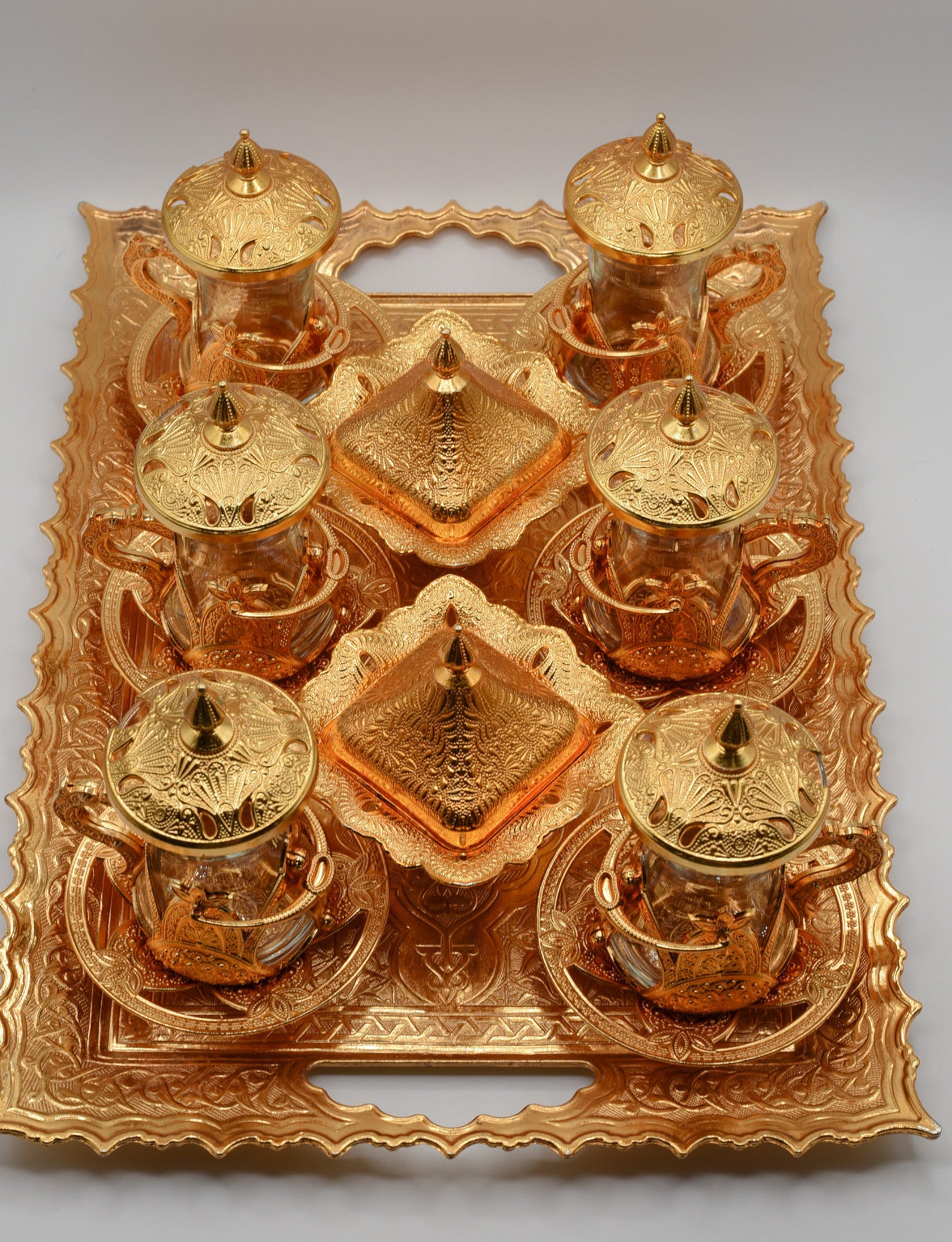 Premium Gold Turkish Tea Cups With Tops, Treat Bowls and Tray Serves 6
