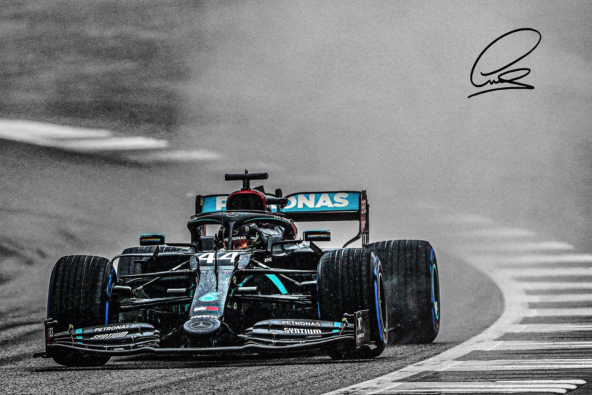  XOTIKS Art Print Poster of Mercedes AMG F1 Racing with  Pre-Printed Lewis Hamilton Autograph - Premium High Gloss Art Print Poster.  (047P) (24”x36”): Posters & Prints