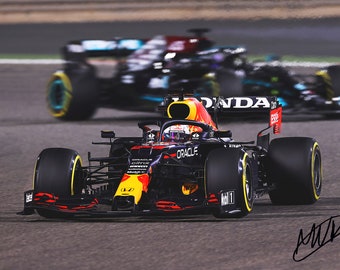 Red Bull Racing F1 with Pre-Printed Max Verstappen Autograph - Giclee Canvas Print Photo Art. Gallery wrap style ready to hang. (019)