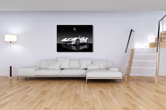 Quadro Moderno Su Legno Ferrari 488 Bianca - Composizione 4 Parti, 131x62 Cm, Rif. 27244