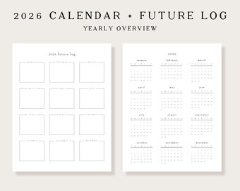 2026 Calendar Overview & Future Log PRINTABLE | Year at a Glance Planner Page, Monthly Future Planning, Digital
