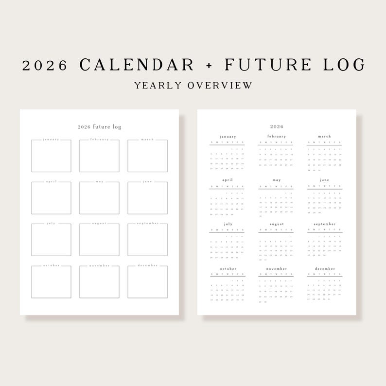 2026 Calendar Overview & Future Log PRINTABLE | Year at a Glance ...