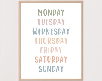 Days of the Week Poster (Boho Colors) Printable Wall Art (Classroom, Nursery, Playroom, Bedroom Art)