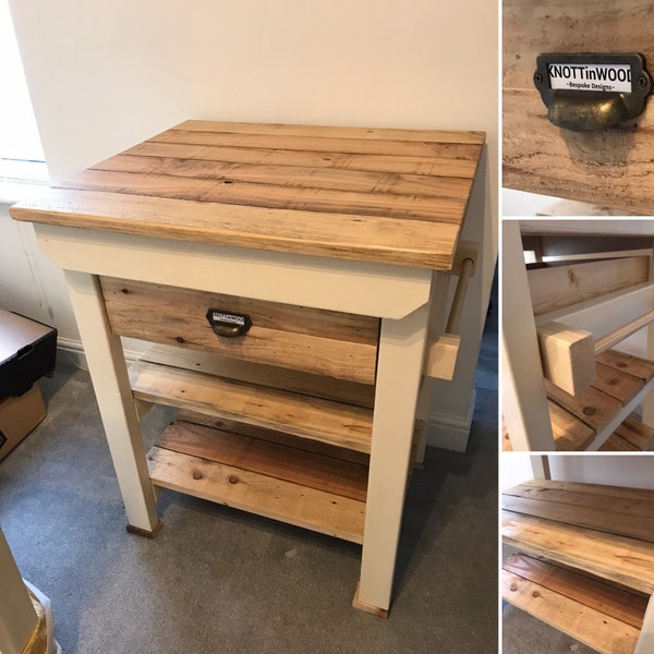 Handmade solid wood butchers block kitchen island with drawer and towel rail. (Two shelf version with ball castors)
