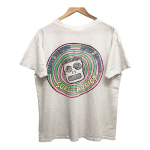 Vintage 80s SURF ADDICT always surfing never satisfied surfrock neon graphical made in usa beauty distressed tee