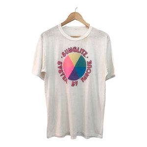 Vintage 80s SUNGLITZ system by farouk promo tee rave neon colour logo graphical beauty distressed tee paper thin material