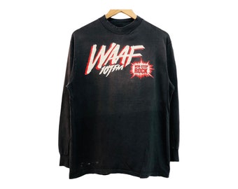 Vintage 90s WAAF 107 FM boston rock radio station non stop rock gods team promo tee longsleeve made in usa rare