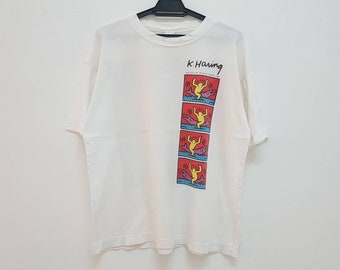 Vintage 90s 1991 KEITH HARING dolphin rider double sided pop art colour graphic rare hype dope swag vintage pop art t-shirt