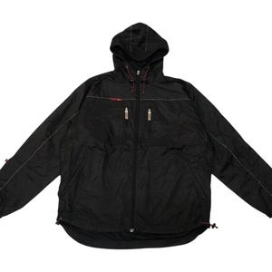 May include: Black hooded jacket with a full-length zip and two front pockets. The jacket features a drawstring hood, red accents, and silver-coloured zip pulls. White stitching outlines the seams.