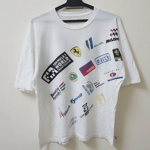 Vintage 80s 90s FORMULA 1 WORLD CHAMPIONSHIP fia team logo all over print single stitch soft material rare design racing style t shirt