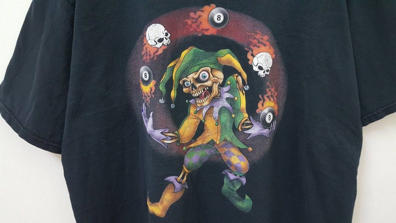Vintage 90s SKULL CLOWN with 8 ball lucky horror art made in USA hype dope swag style t-shirt