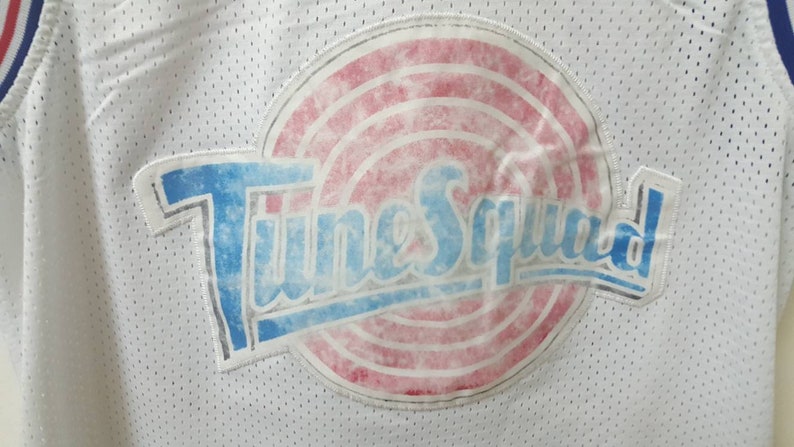 May include: White basketball jersey with a blue and pink Tune Squad logo on the back. The logo features a basketball with a red and white swirl pattern and the words "Tune Squad" in blue.