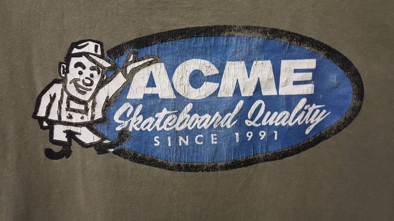 Vintage 90s ACME SKATEBOARD Og Jim Gray Distressed Skate Tee Rare 