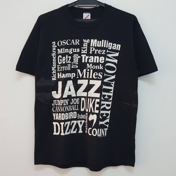 Vintage 90s 1993 MONTEREY JAZZ star nick name collection duke trane mulligan miles dizzy count hamp yardbird  made in USA rare blues t shirt