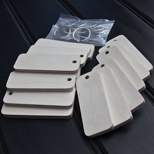 May include: A set of ten blank wooden key tags with rounded corners and a hole for a key ring. The tags are stacked on top of each other and are surrounded by a clear plastic bag containing silver key rings.