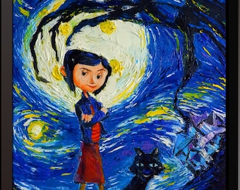 Coraline and Cat Poster Vincent Van Gogh Starry Night Inspired Canvas Wall Art Print Nursery Decor Wall Decor Wall Hang Room Decor A130