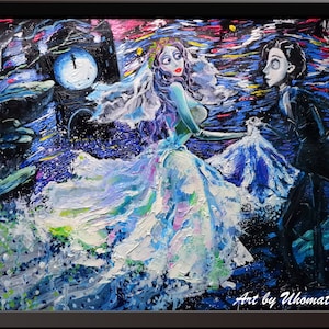May include: A painting of a couple dancing in a dark, starry night. The woman is wearing a white wedding dress and the man is wearing a black suit. The painting is done in a colorful, impressionistic style. "Art by Whomate" is written in the bottom right corner.