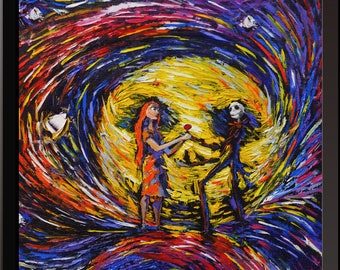 Canvaskunst Sterrennachtmerrie: Jack en Sally, Van Gogh-stijl
