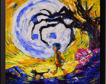 Coraline und Katze Leinwanddruck: Van Gogh Sternennacht inspiriertes Kinderzimmer Dekor