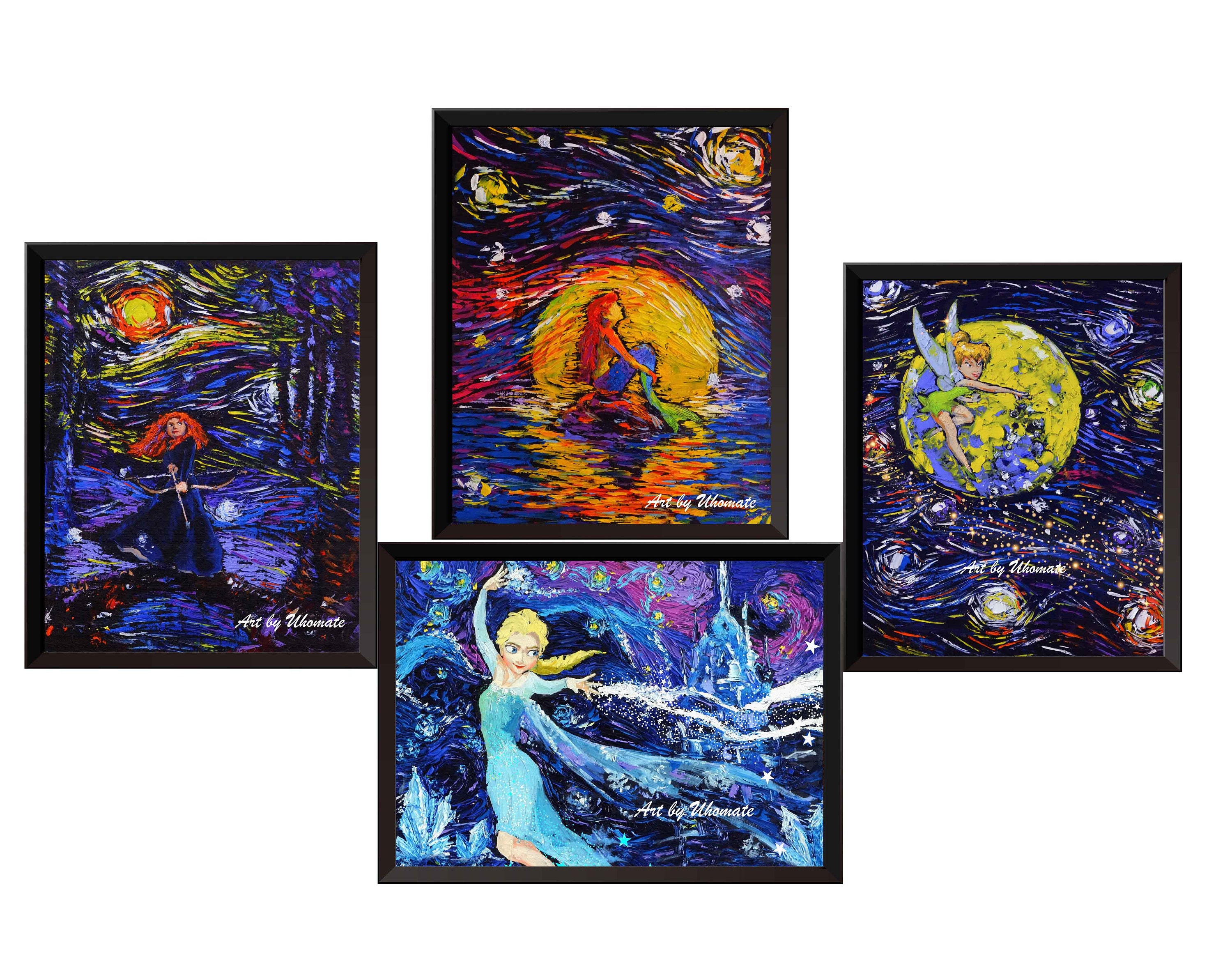 Van Gogh Starry Night Princess Canvas Prints: Ariel, Merida, Tinkerbell Set