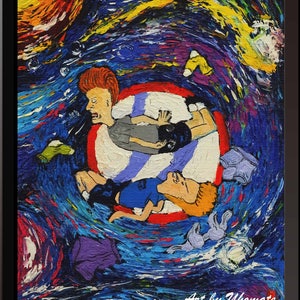 May include: An oil painting depicting two cartoon characters in a swirling, colorful vortex. The characters are positioned within a target-like design, surrounded by vibrant blues, reds, and yellows. Clothing items are scattered throughout the scene.