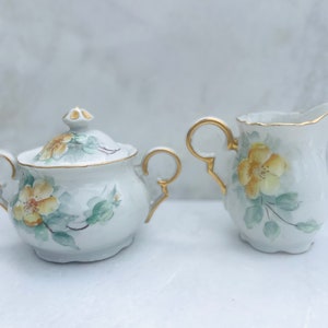 Vintage Yellow Flower Creamer and Sugar Jar with Lid - Hand Painted - 1961 - Set of 2