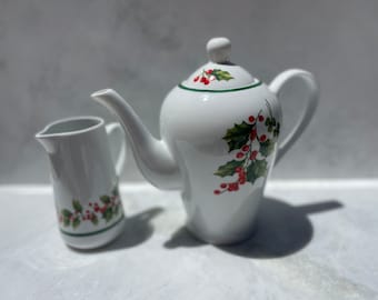 Vintage Holiday Teapot and Creamer -  Blarney Porcelain Ireland - Christmas Holly