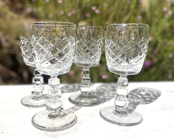 SMALL Vintage Triple Cube Stem  - Wine Goblets with Cross Cuts - Set of 6
