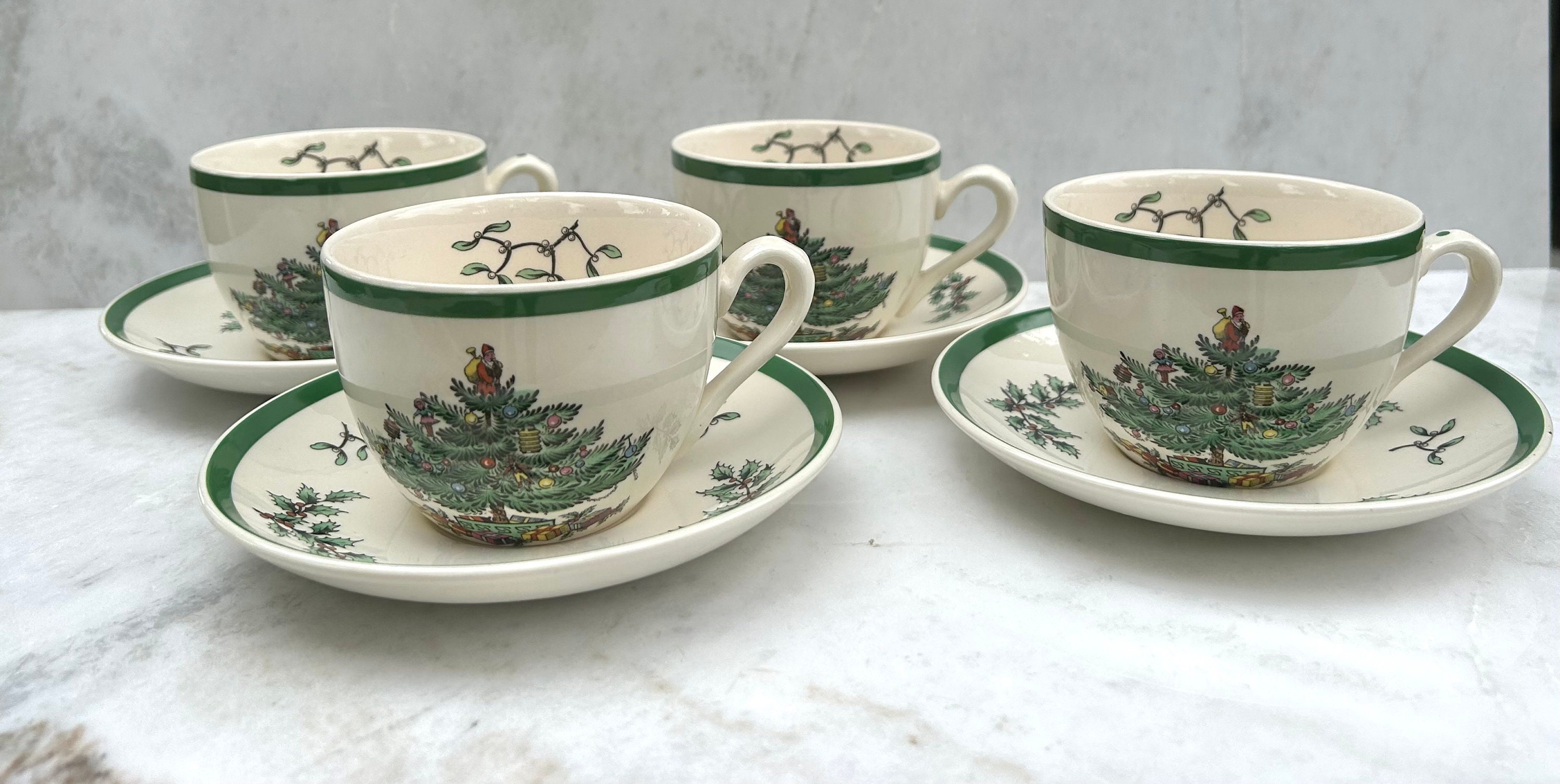 Vintage Spode - Christmas Tree Flat Cup and Saucer with Green Trim - Crafted in England - Set of 4