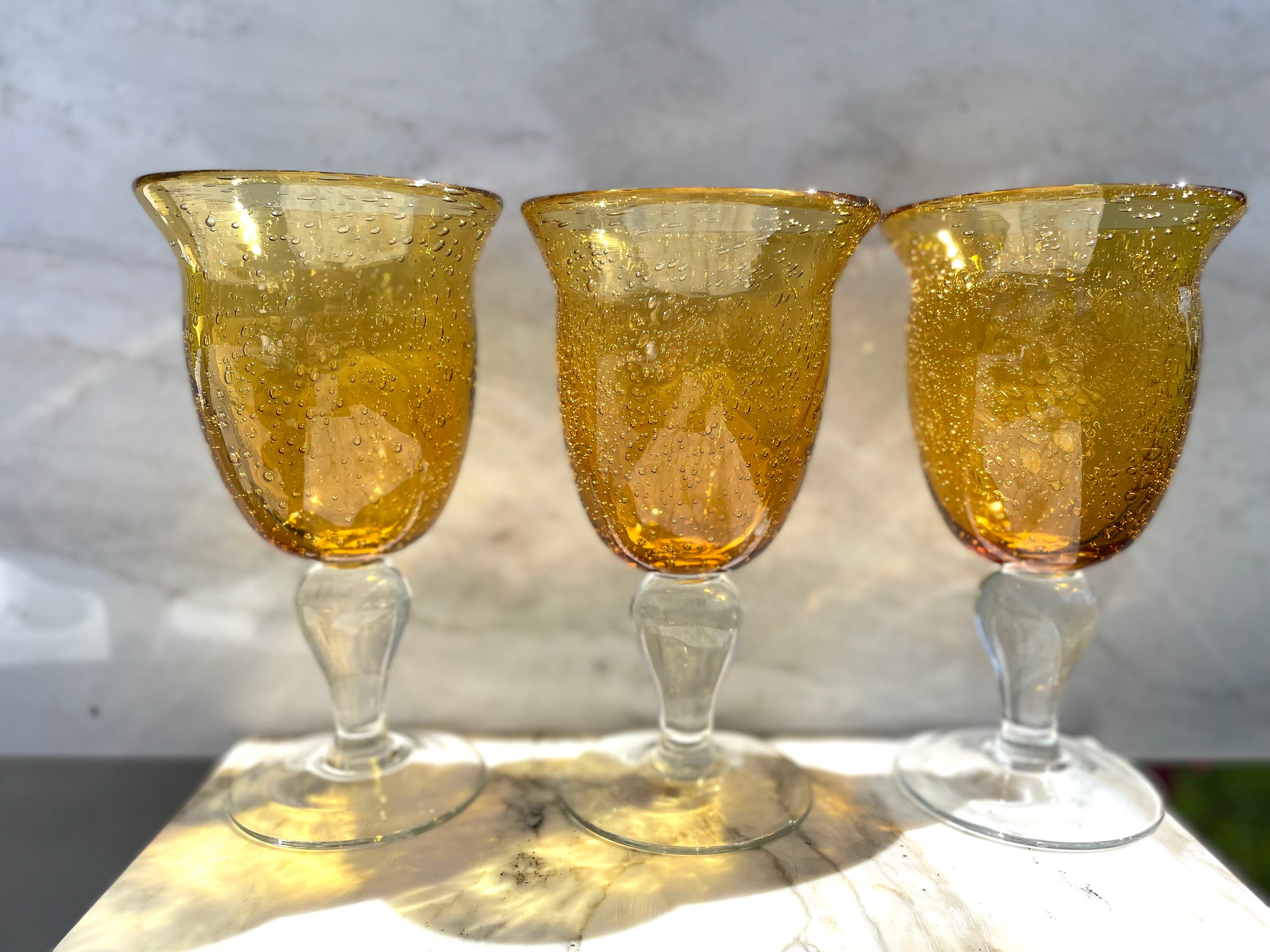 Handblown Amber Bubble Glass Goblets Set of 3 Etsy