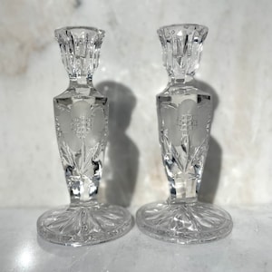 Beautiful Etched Flower Crystal Candlestick Holders - 7&quot; tall - 3 sided - Set of 2