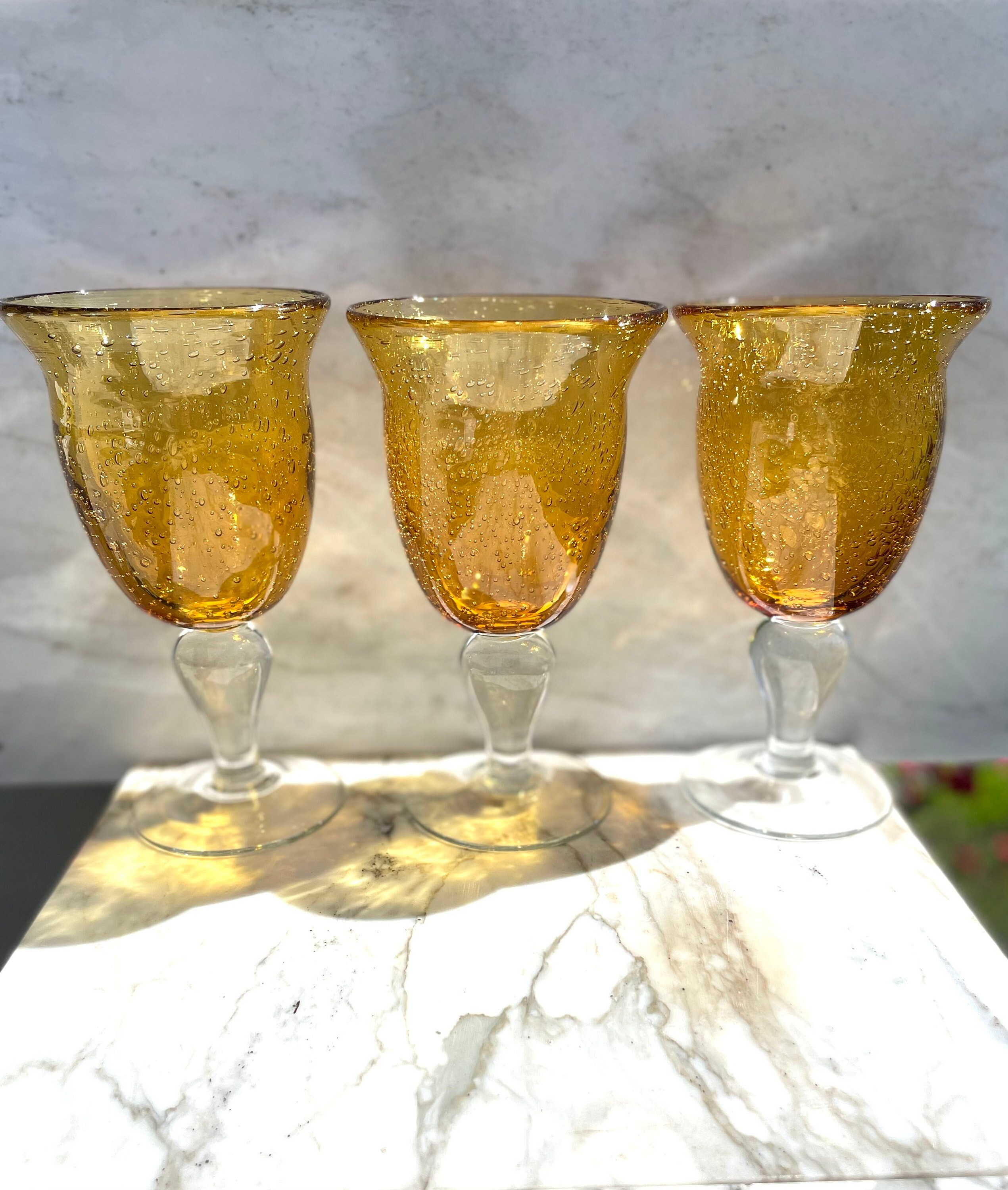 Handblown Amber Bubble Glass Goblets Set of 3 Etsy