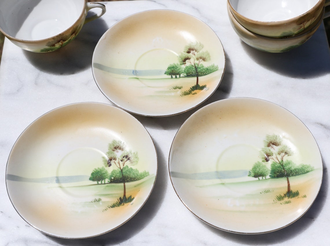 Vintage Chikaramachi Hand Painted Tea Cups and Saucers Set of 3 Made in