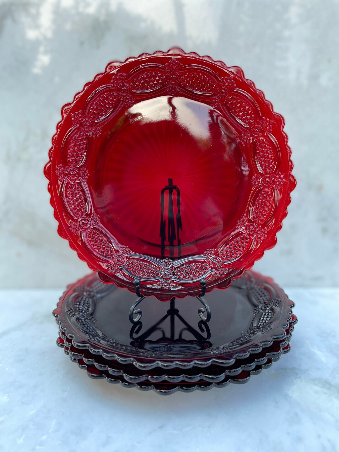 Vintage Ruby Red Glass Salad Plates AVON CAPE COD Collection 1876 Set