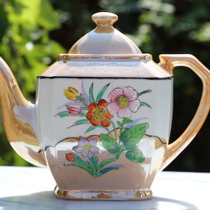 Vintage Tea Pot - Lusterware - orange and white with flowers  - made in Japan