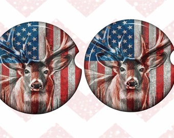 Set of Flag Deer hunters car cup coasters