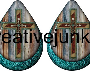 3D embossed leather look  turqouise cross teardrop earrings