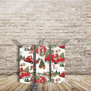 Red truck Christmas scene skinny tumbler sublimation design