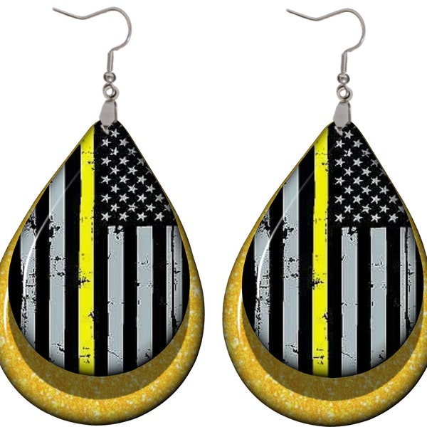 3D Distressed thin yellow line dispatcher teardrop earrings sublimation design