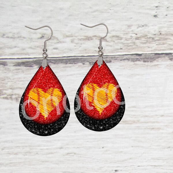 3D black glitter softball teardrop earrings sublimation design