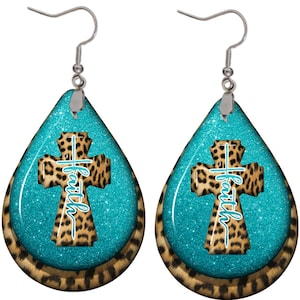 3D Glitter turquoise leopard faith teardrop earrings sublimation design
