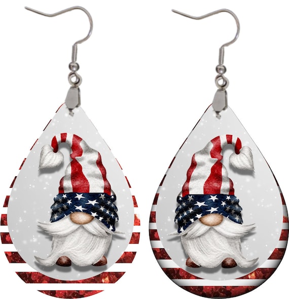 set of gloss 4D Patriotic gnome teardrop earrings
